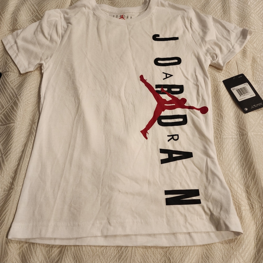 Nike Jordan White Tee with Red Jumpman and Black Text NWT Kids Sz M
